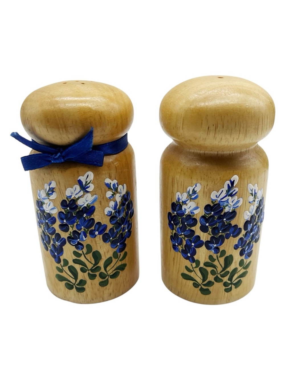 80s Wooden Salt & Pepper Shaker Handpainted  Bluebonnet Flowers Stoppers